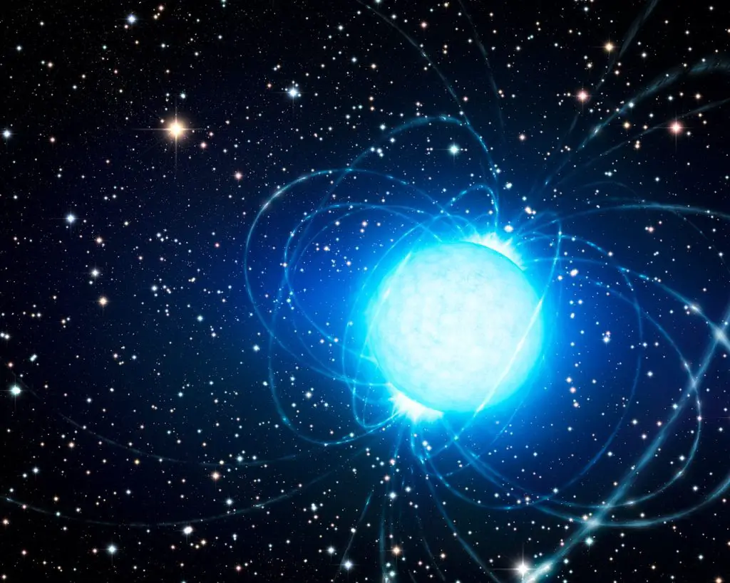 This artist’s impression shows the magnetar in the very rich and young star cluster Westerlund 1. This remarkable cluster contains hundreds of very massive stars, some shining with a brilliance of almost one million suns. European astronomers have for the first time demonstrated that this magnetar — an unusual type of neutron star with an extremely strong magnetic field — probably was formed as part of a binary star system. The discovery of the magnetar’s former companion elsewhere in the cluster helps solve the mystery of how a star that started off so massive could become a magnetar, rather than collapse into a black hole.